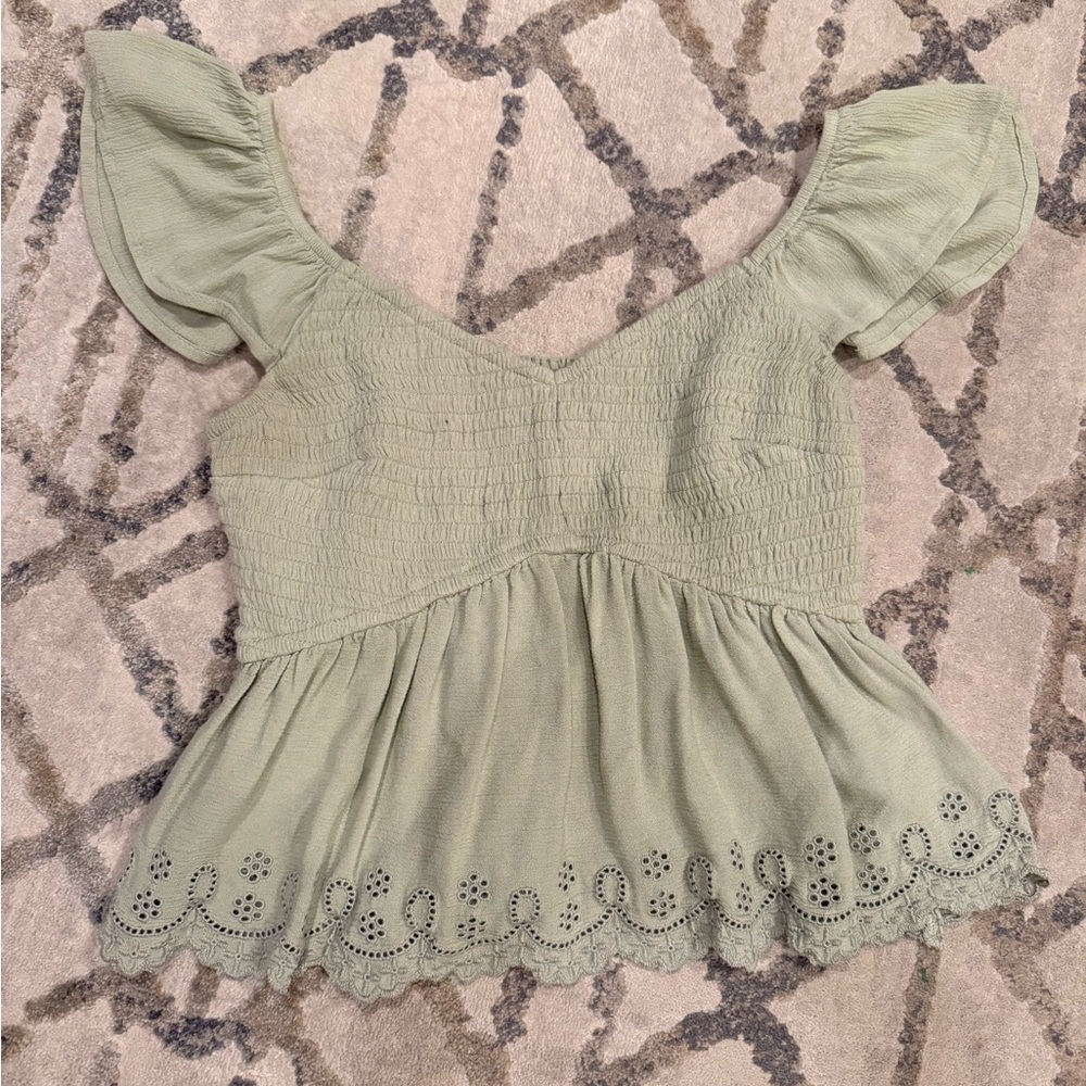 Hollister Light Green Smocked Blouse